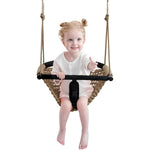 Nets Tribe Two In One Toddler Swing front view hanging from a sturdy backyard tree branch.