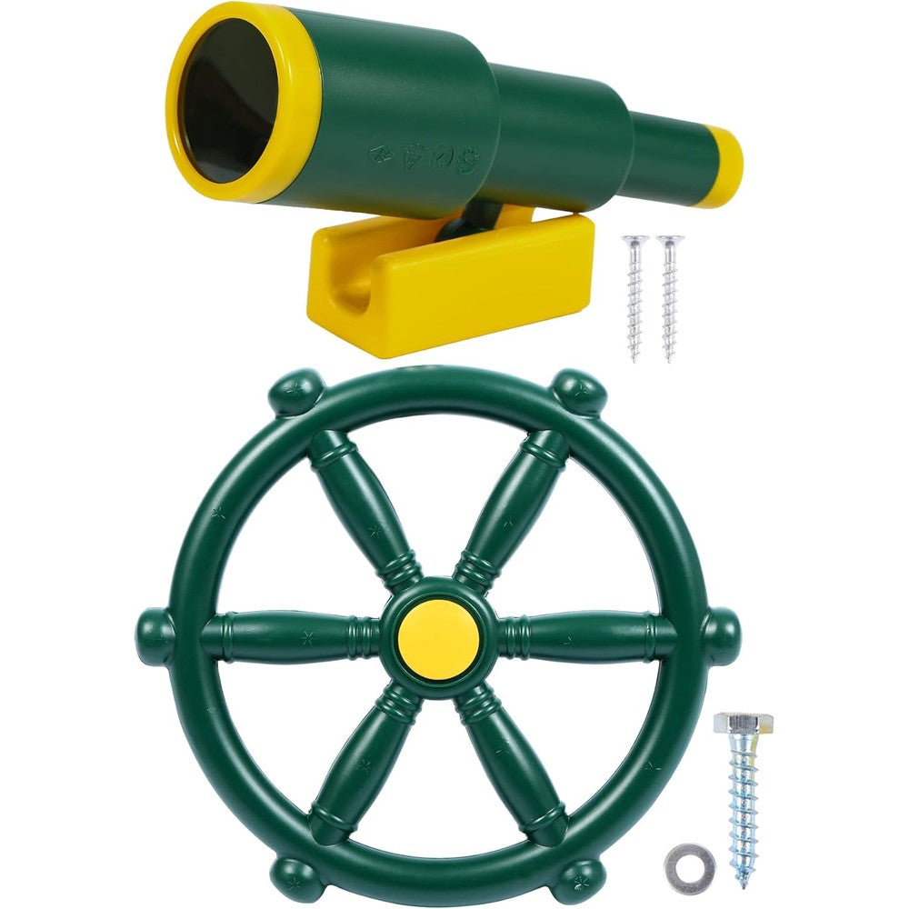 RedSwing Playground Accessories front view showing the green pirate ship steering wheel and toy telescope