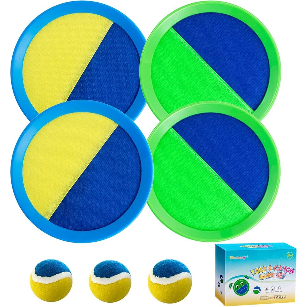 Weehoey toss and catch ball set front view with paddles and balls