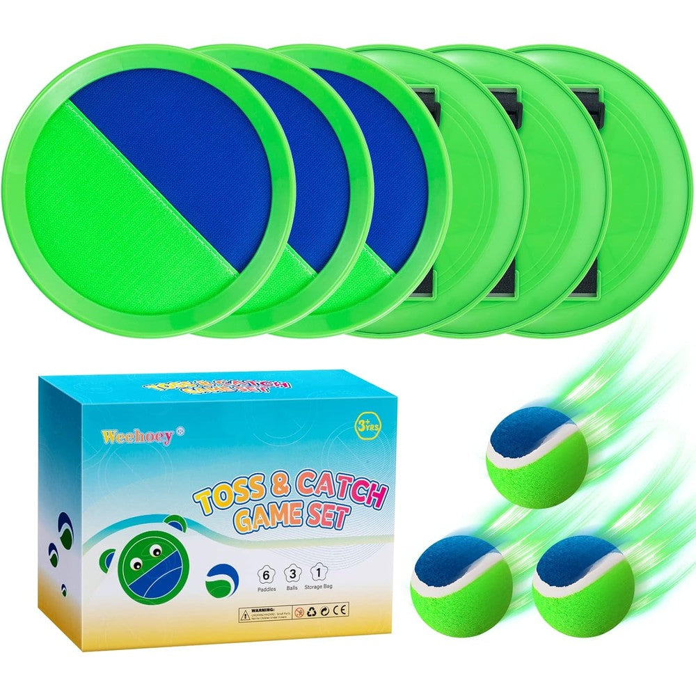 Weehoey toss and catch ball set front view showing paddles and balls