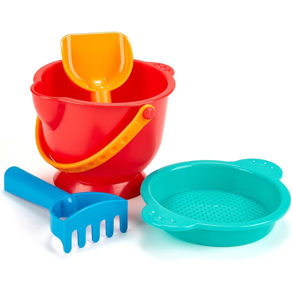 Hape Beach Basics sand toy set with bucket, sifter, rake, and shovel