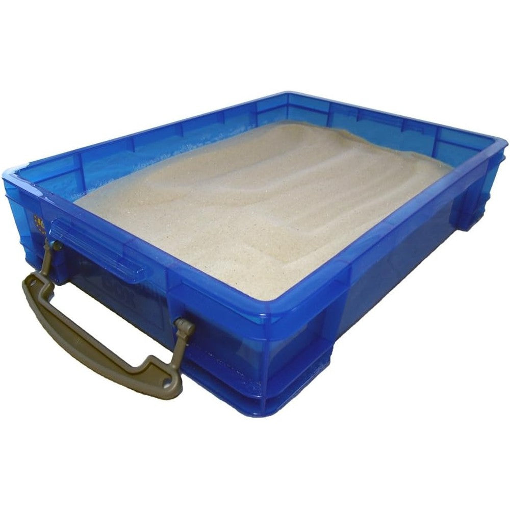 Play Therapy Supply small portable sand tray front view featuring blue translucent base and secure lid.