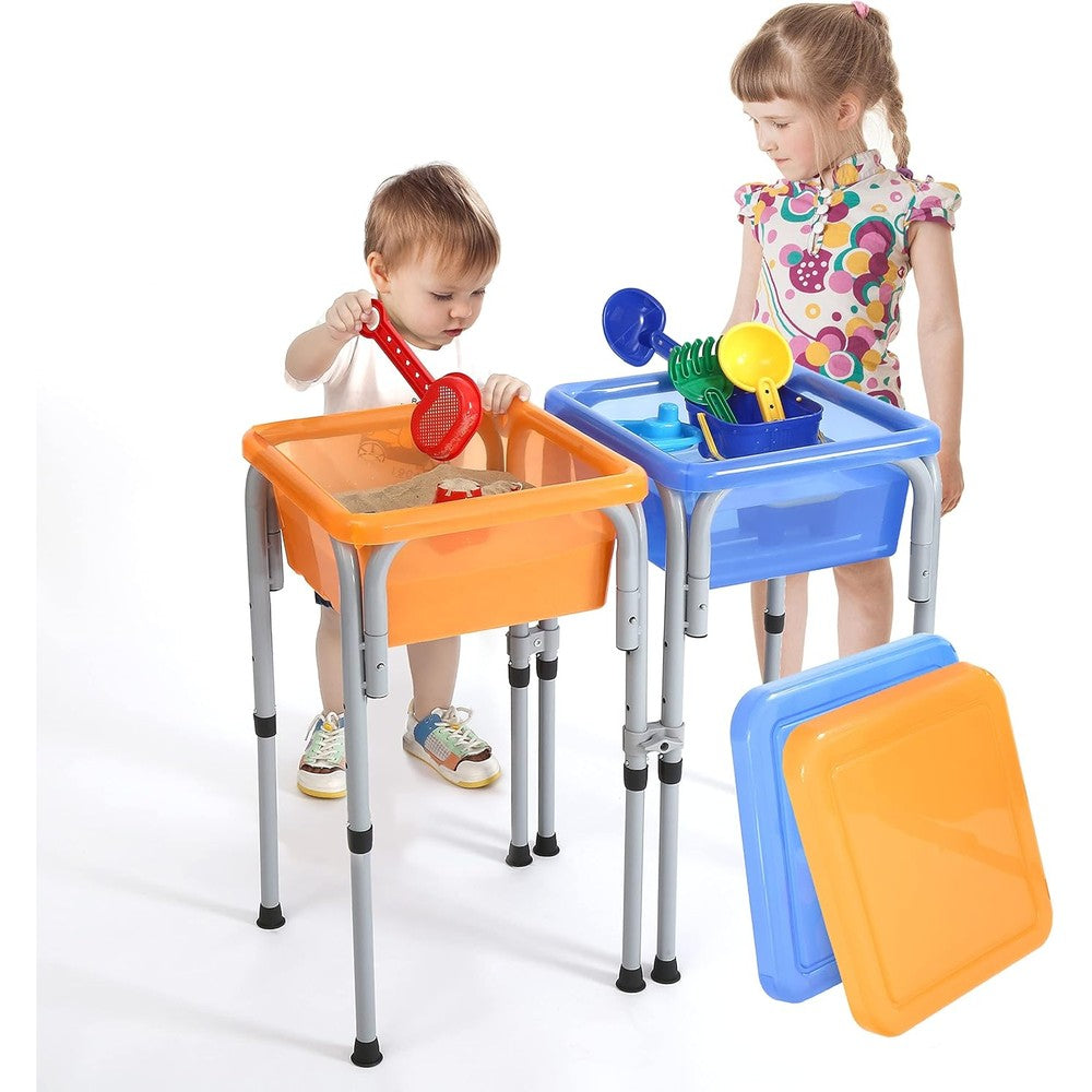 Special Supplies sensory activity table front view featuring adjustable frame with orange and blue plastic buckets.