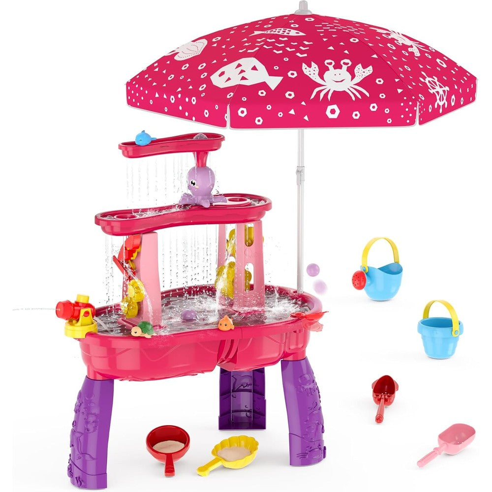 HYES 3-Tier Kids Water Table front view of red outdoor activity playset with umbrella.