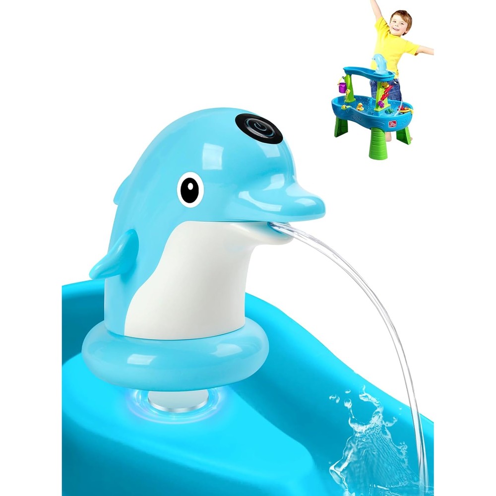 TEYOUAI Dolphin Water Table Pump front view showing the blue dolphin design attached to a kids outdoor water play table.