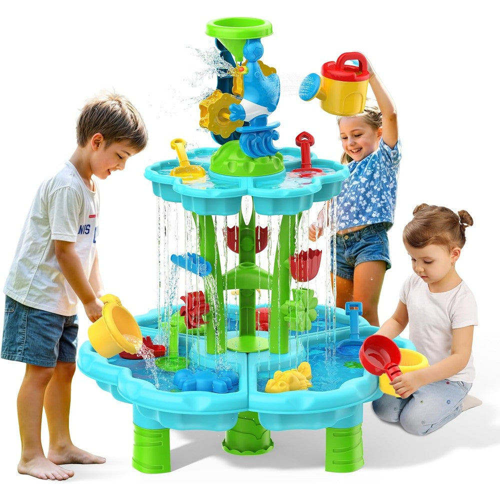 Eterfun kids flower water sand table front view showing two tier layout and spinning flower waterwheel.