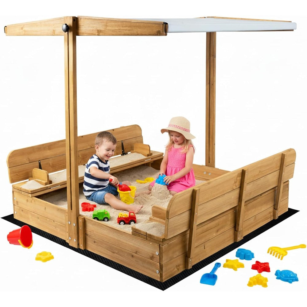 Mayugardening Large Wooden Kids Sandbox with adjustable canopy front view