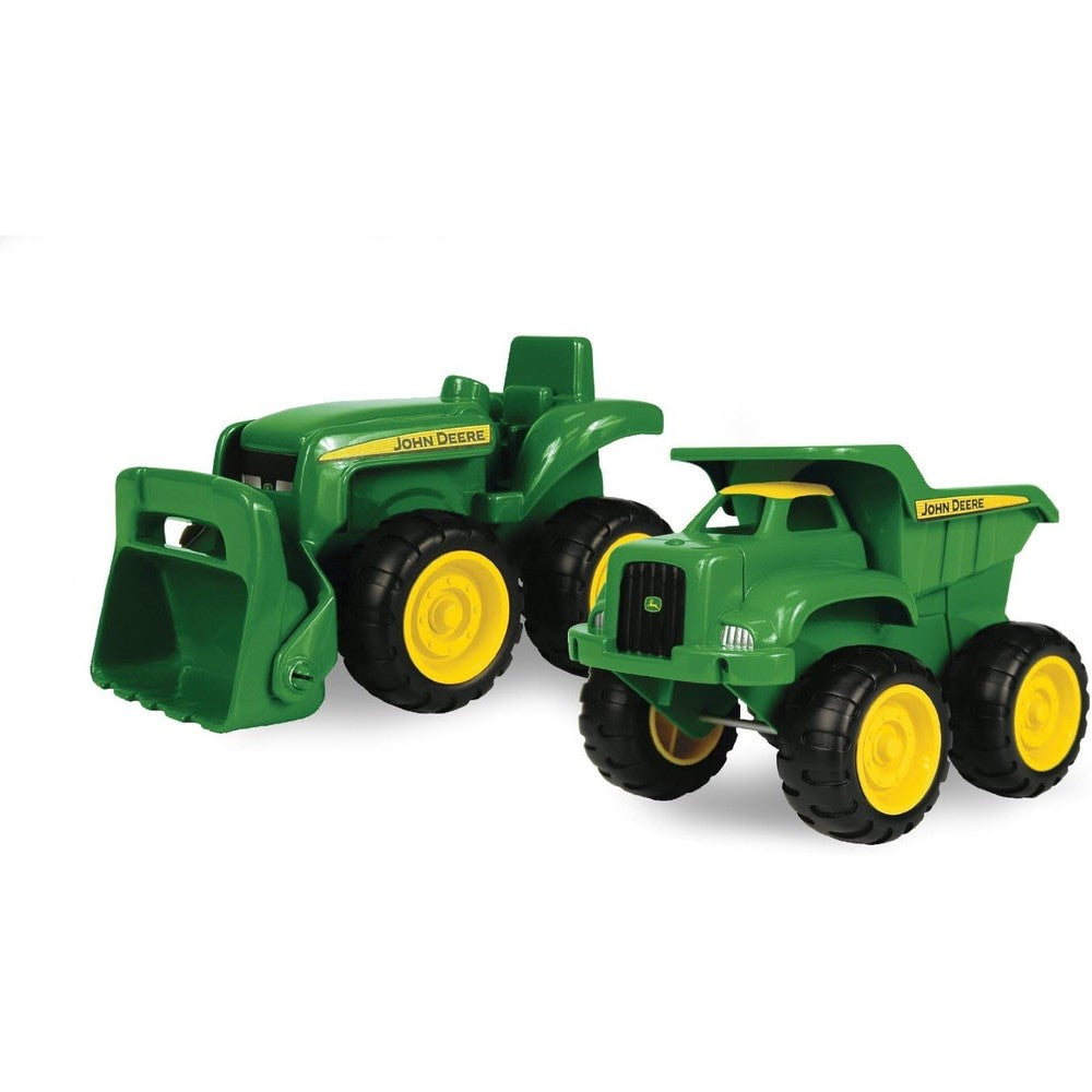Tomy John Deere vehicle set featuring dump truck and tractor front view