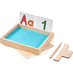 Moriteck Montessori Sand Tray front view with wooden stylus and lid