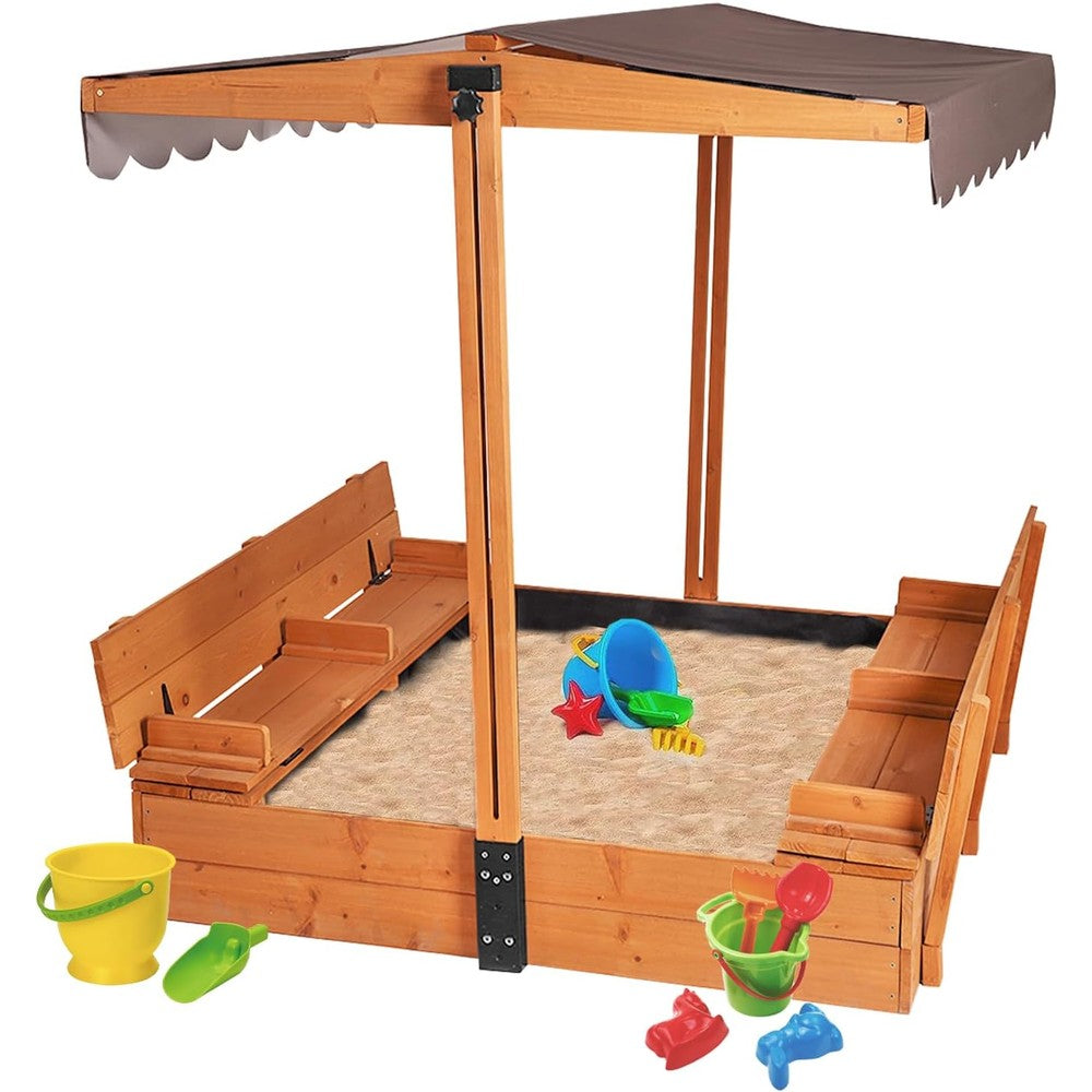 Aivituvin Large Wooden Sandbox with canopy and open bench seats.