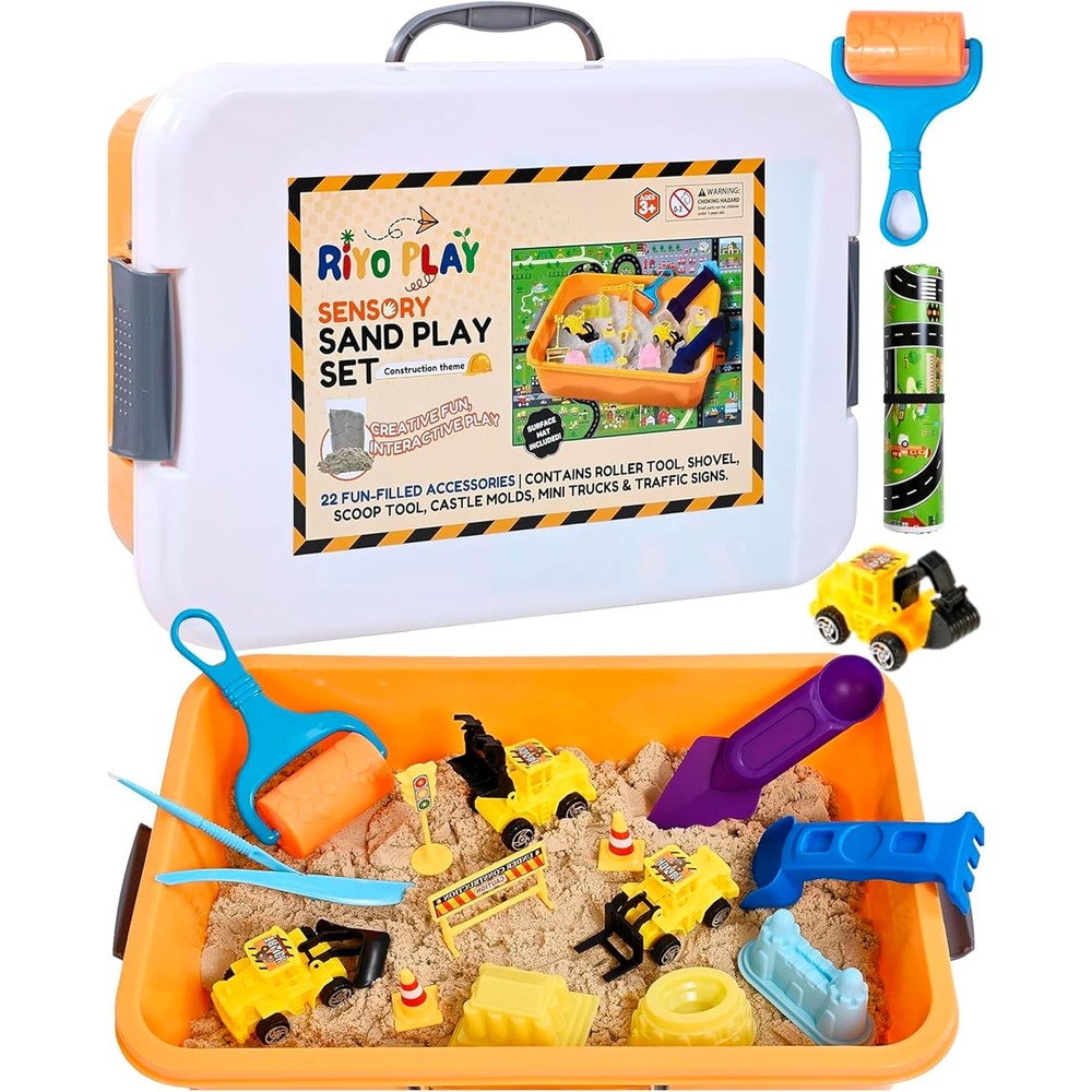 Riyo Play Construction Sensory Bin front view with storage tub and toys