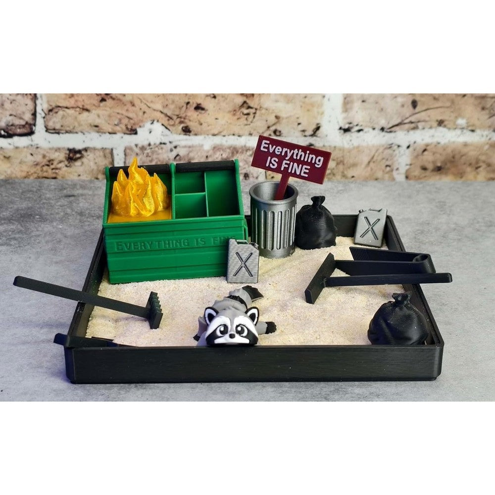 Munnygrubbers Dumpster Fire Zen Garden front view showing the sandbox with fine sand and mini tools