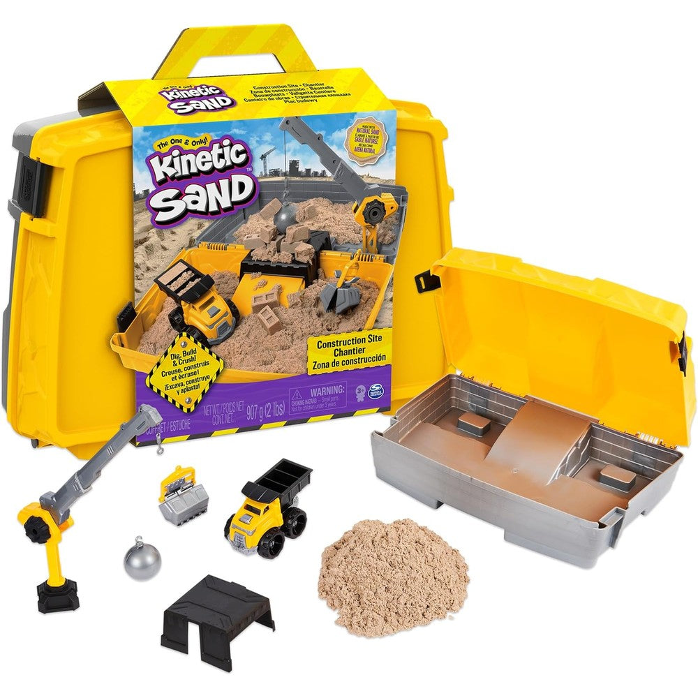 Kinetic Sand construction site folding sandbox with toy truck and crane.