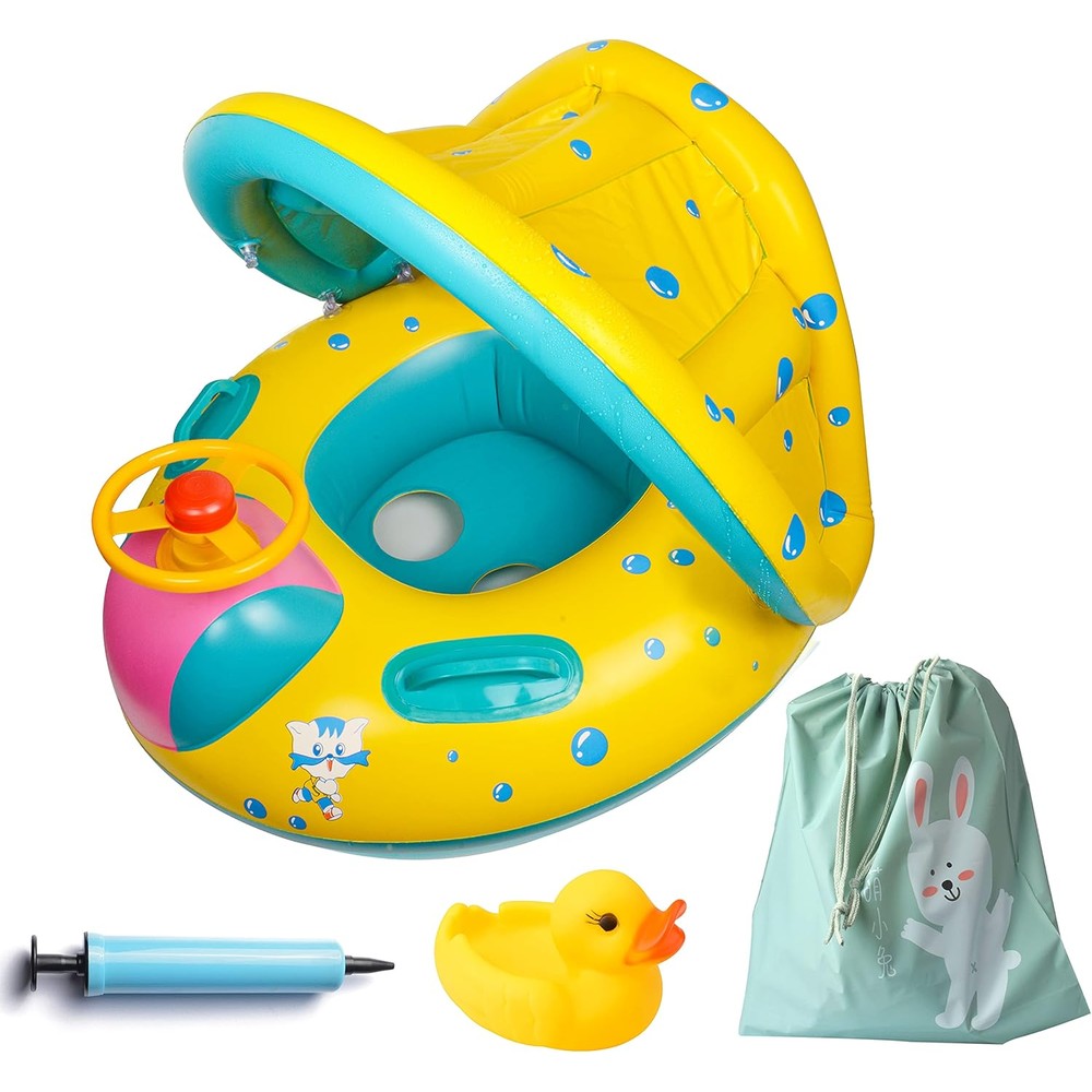 FindUWill inflatable baby swimming pool float with yellow canopy front view