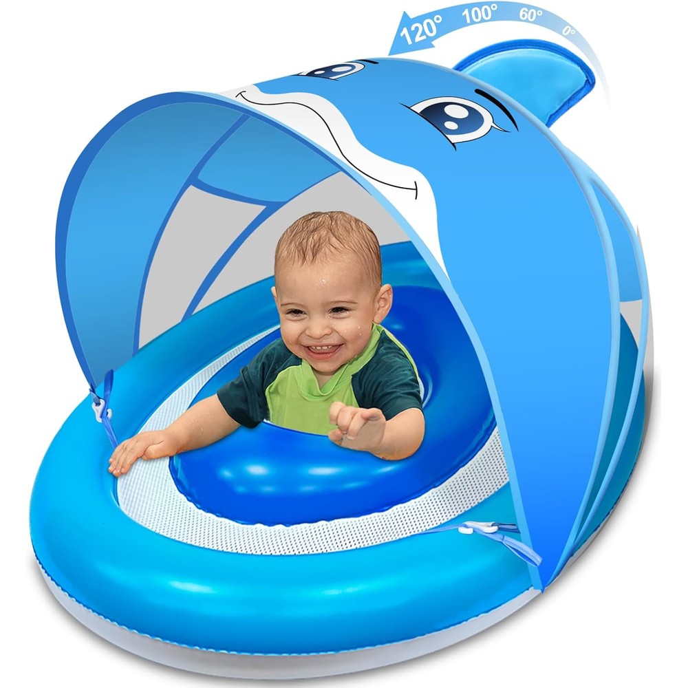 Amenon dolphin baby pool float with canopy front view