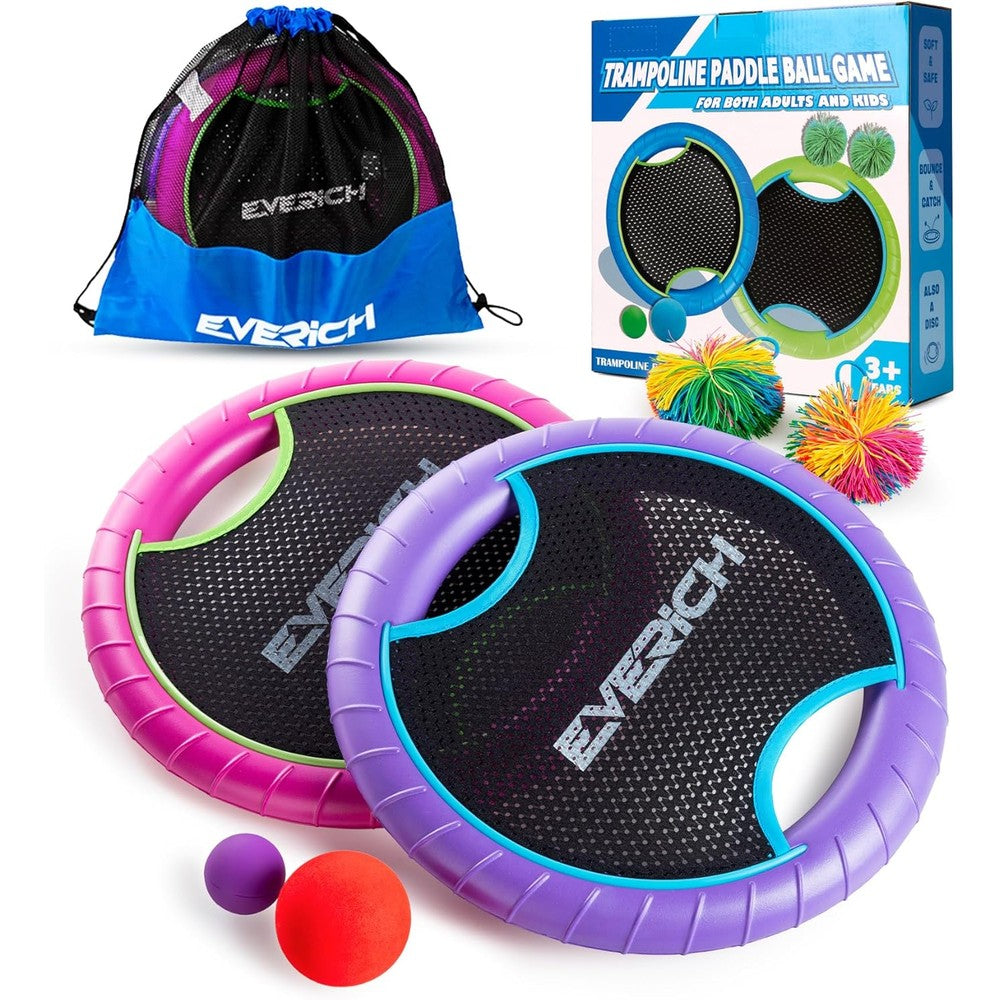 Everich Toy Trampoline Paddle Ball Set front view showing pink and purple foam paddles.