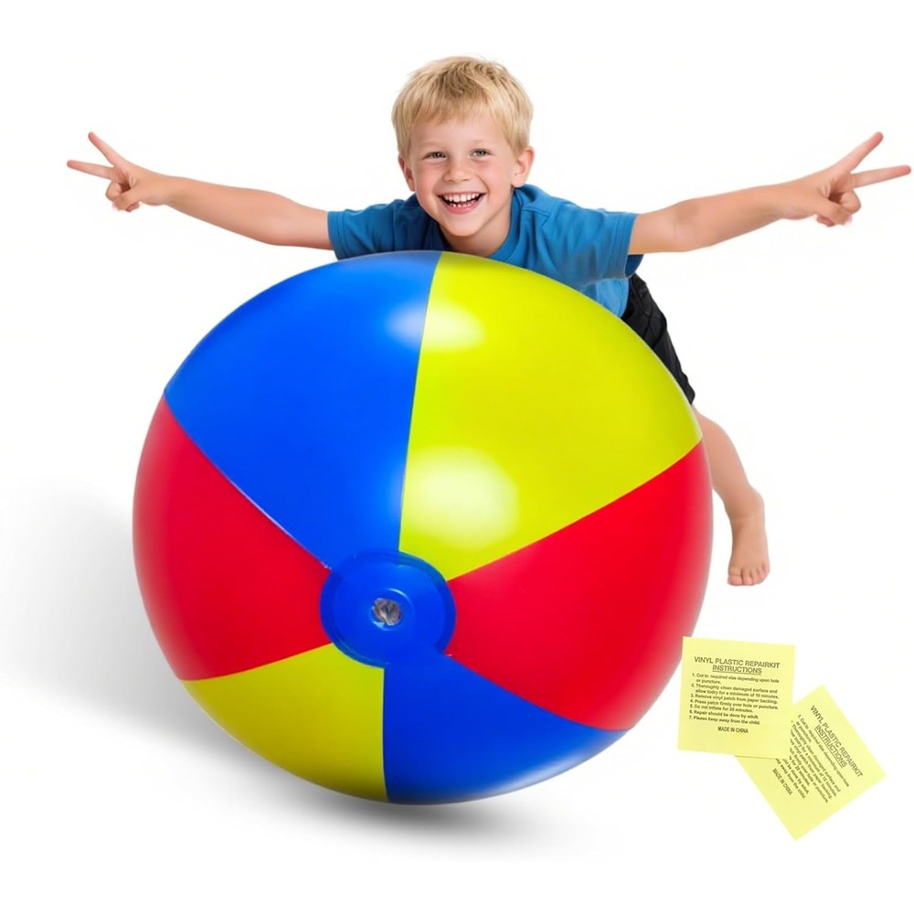 Nujzuir extra large inflatable beach ball front view showing classic six-panel retro rainbow colors