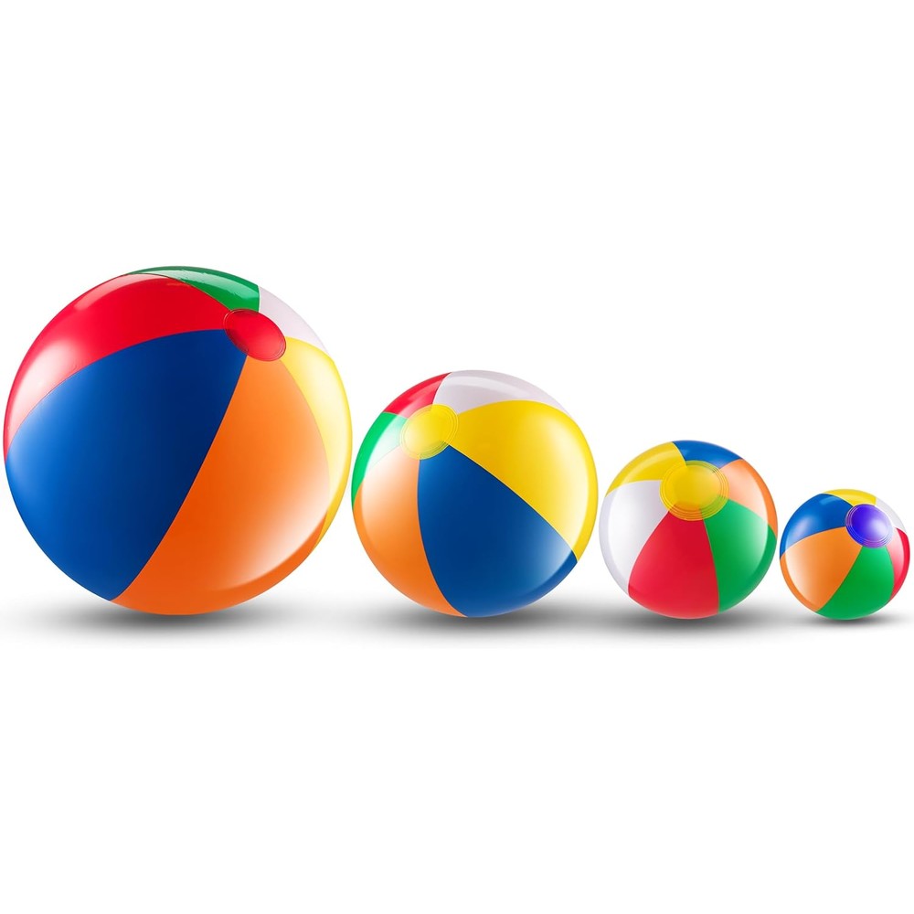 Bedwina Assorted Inflatable Rainbow Beach Balls front view of four different sizes