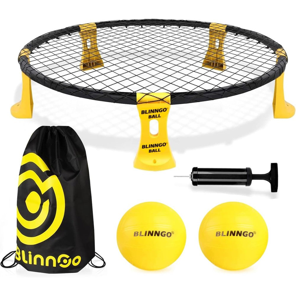 Blinngo Sport Roundnet Game Set front view featuring the assembled yellow frame and black elastic net