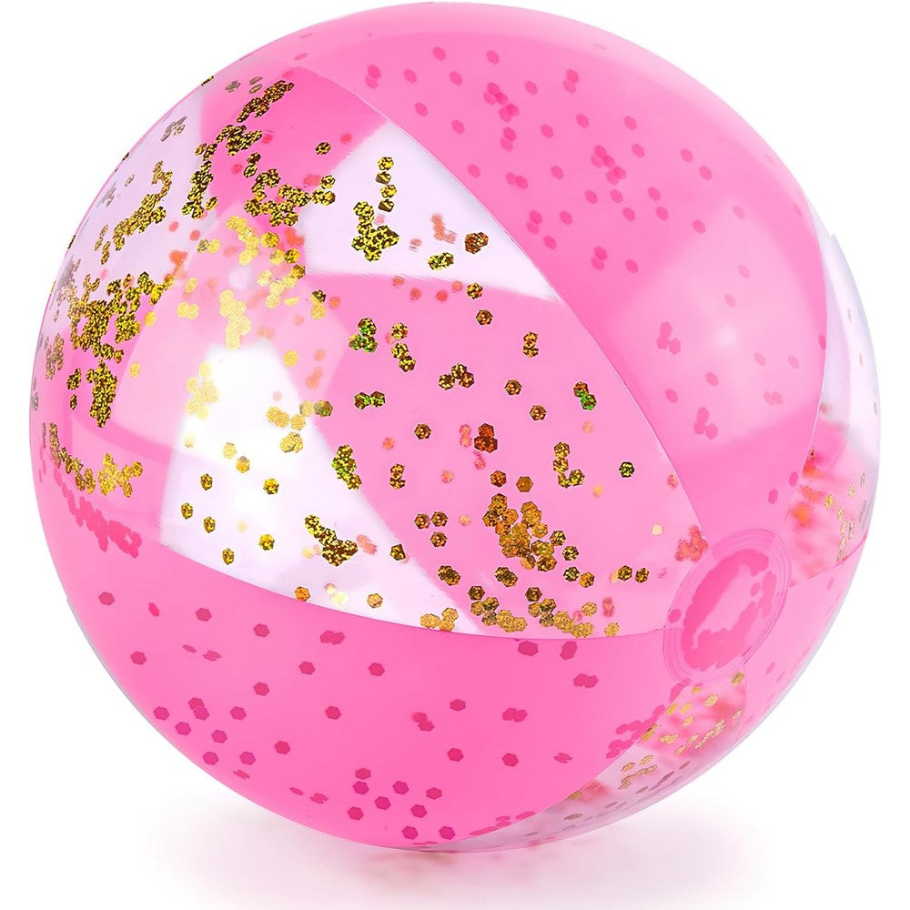 AMOR PRESENT glitter inflatable beach ball front view showing swirling gold sequins inside clear pink PVC.