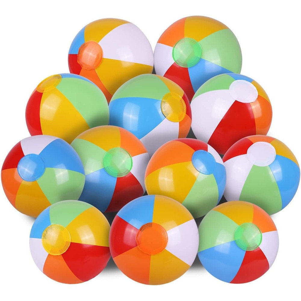 SYZ inflatable rainbow beach balls twelve pack front view showing classic six panel color design for pool parties.