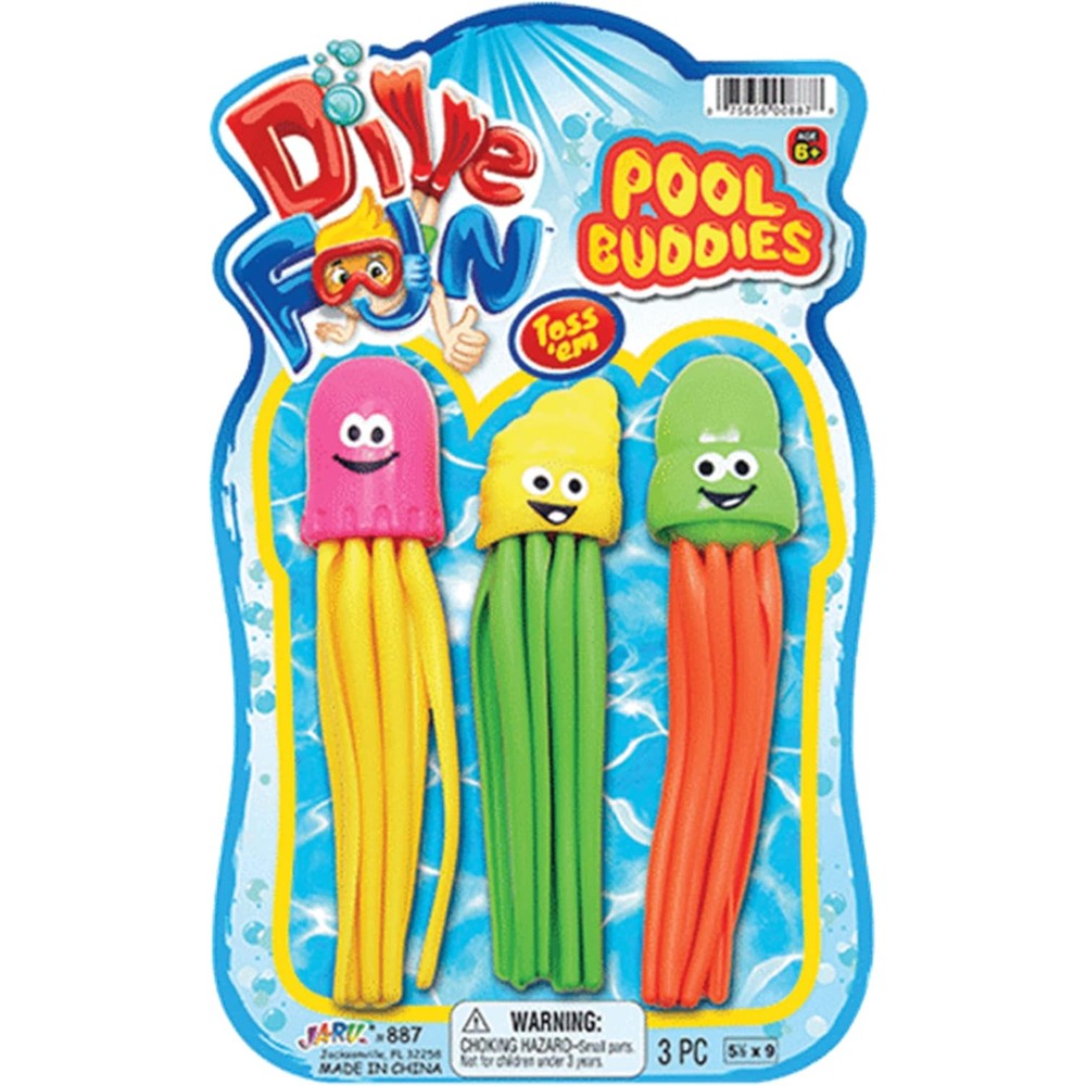 JA-RU Dive Fun Pool Buddies front view of three pack packaging with colorful octopus shaped swimming toys
