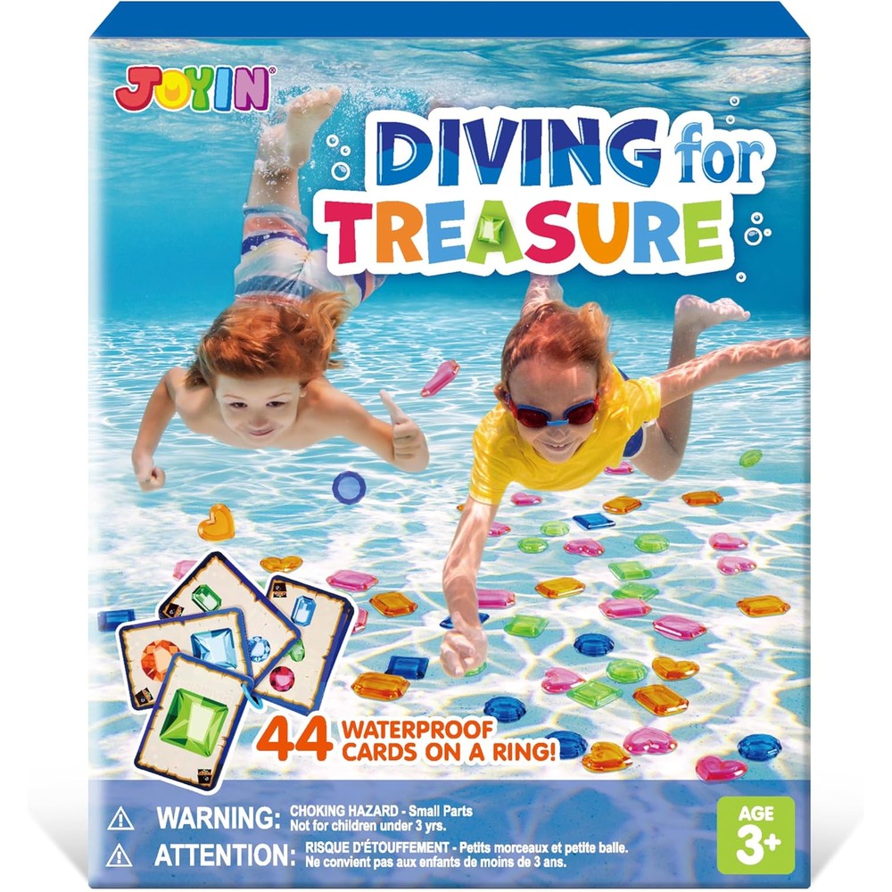 JOYIN 4-in-1 Diving Pool Toys front view packaging with colorful gems scattered poolside