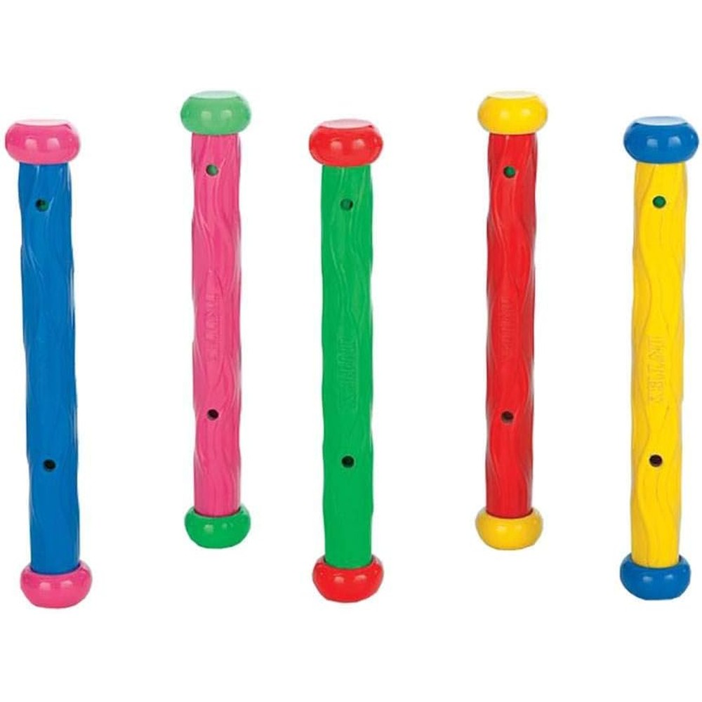 Intex underwater play sticks front view showing five vibrant colors standing upright on a pool floor.
