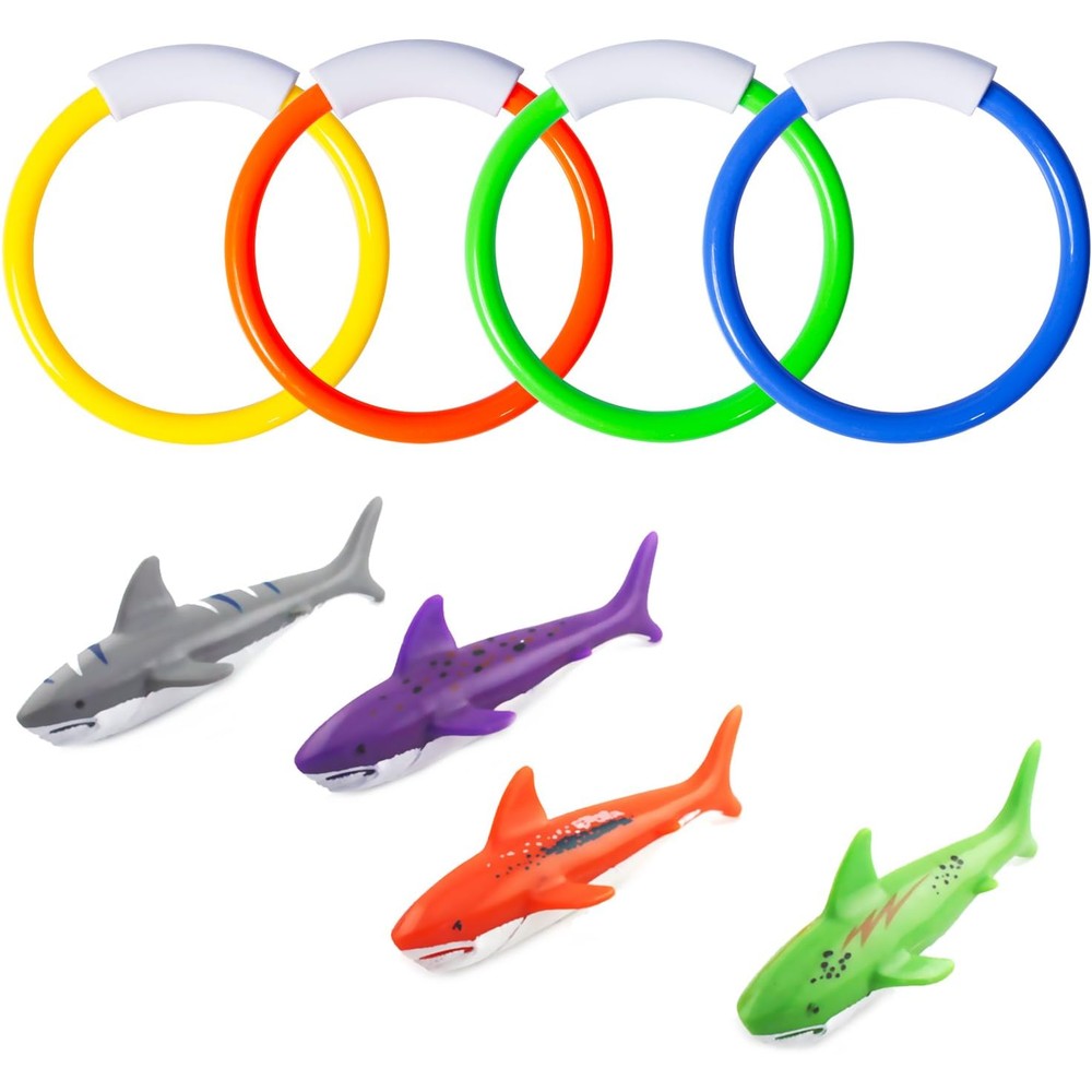 Fullsexy underwater swimming pool diving toys front view showing four colorful rings and four sharks
