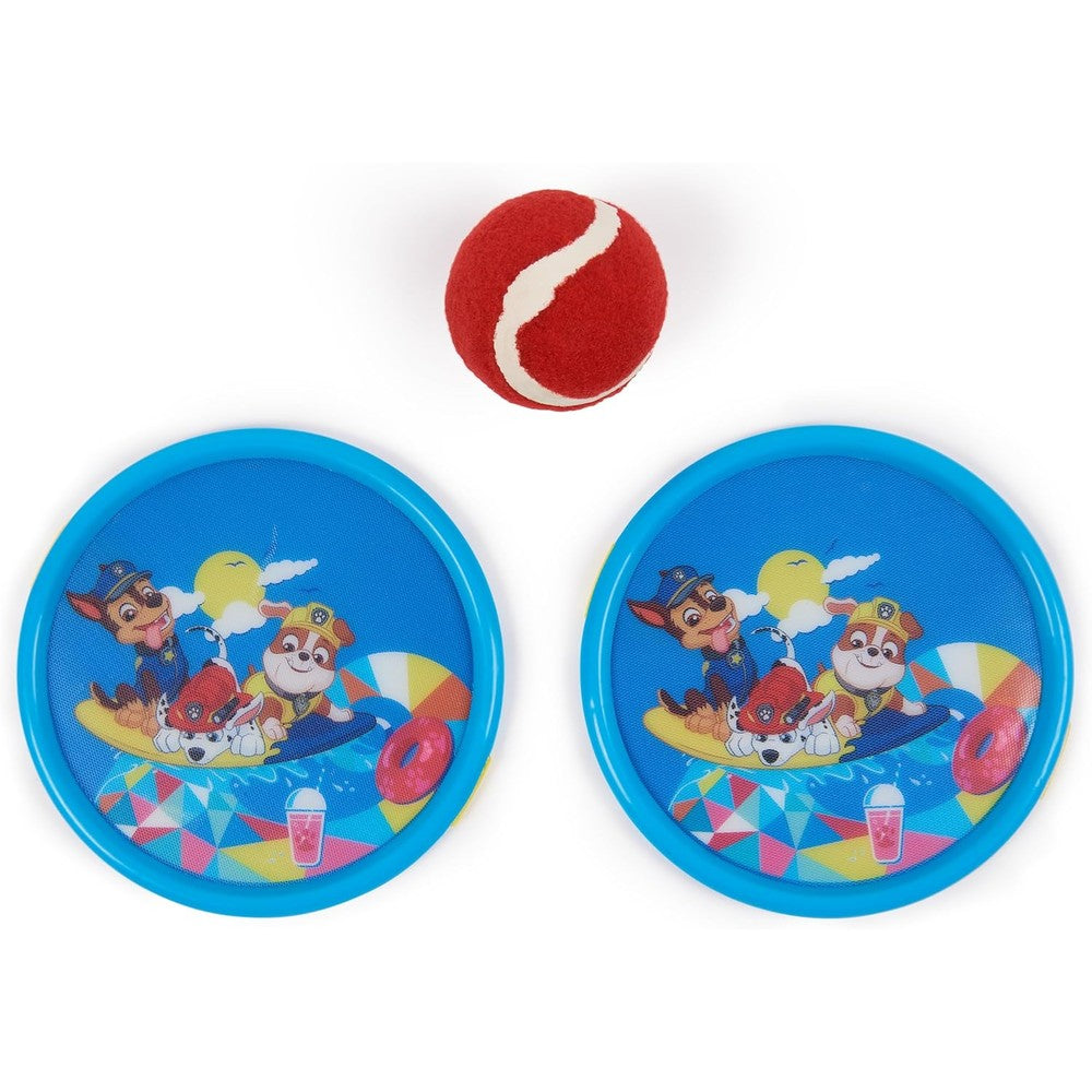 Swimways Paw Patrol Catch Game front view showcasing two character paddles and one sticky ball.