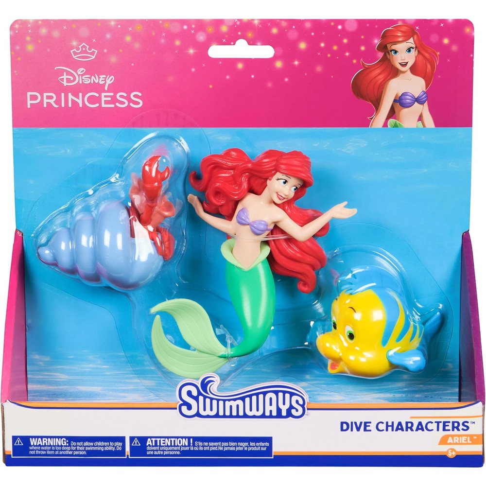 SwimWays Disney Princess Ariel Dive Characters 3 Pack front view showing Ariel Flounder and Sebastian pool toys