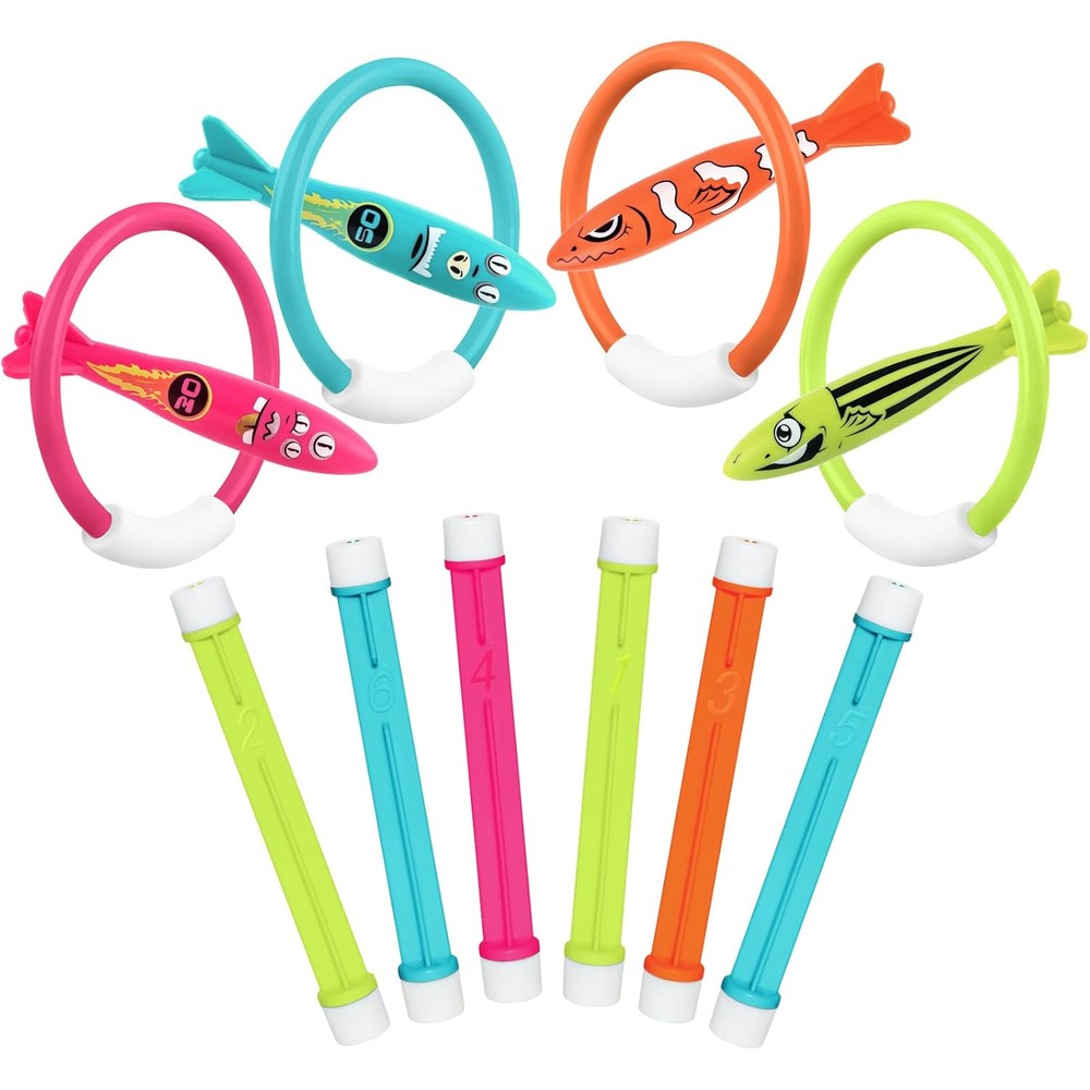 Korlon Tec underwater pool diving toys set front view featuring colorful swimming rings and sticks.