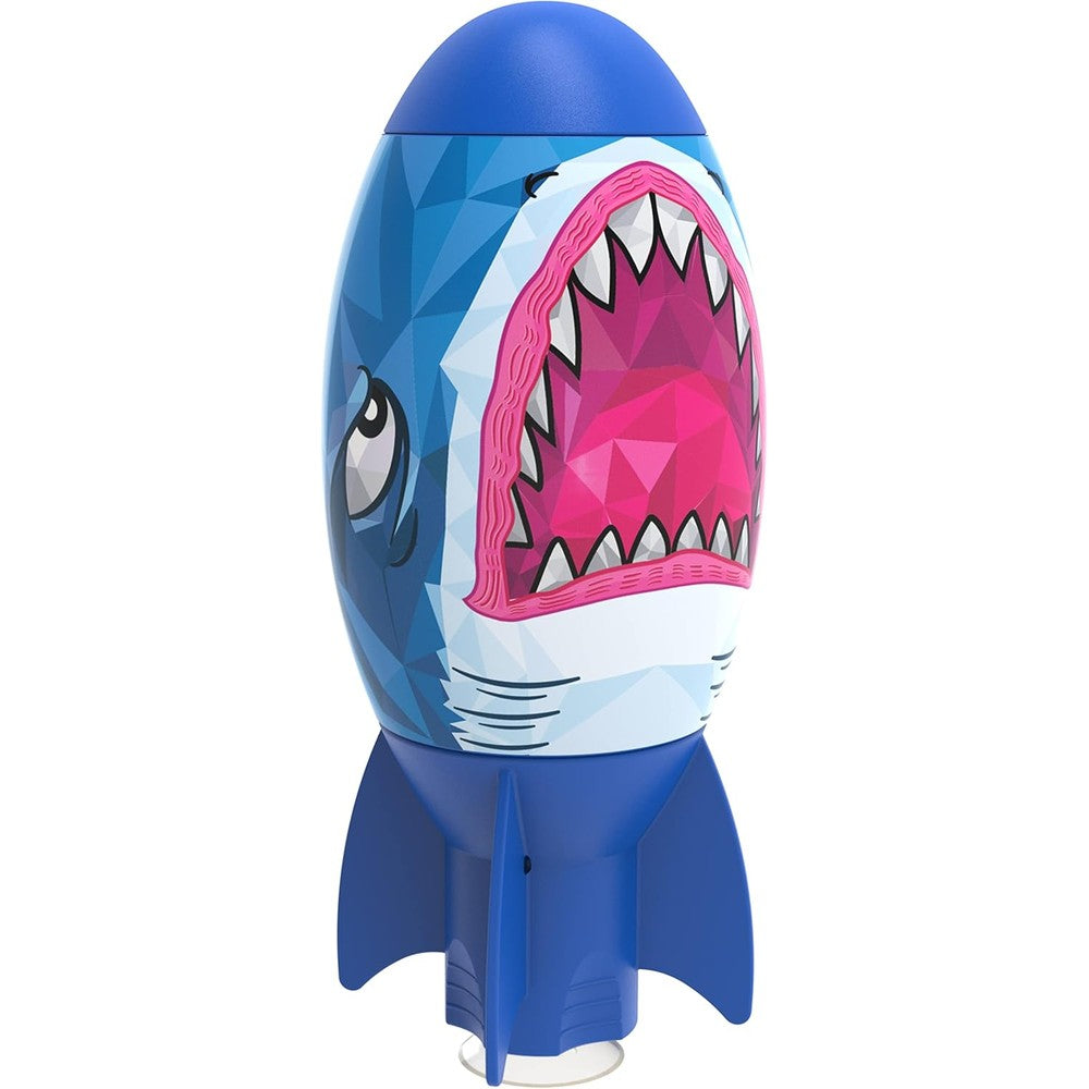 SwimWays Shark Rocket kids pool toy front view showing the geometric shark design and pink mouth