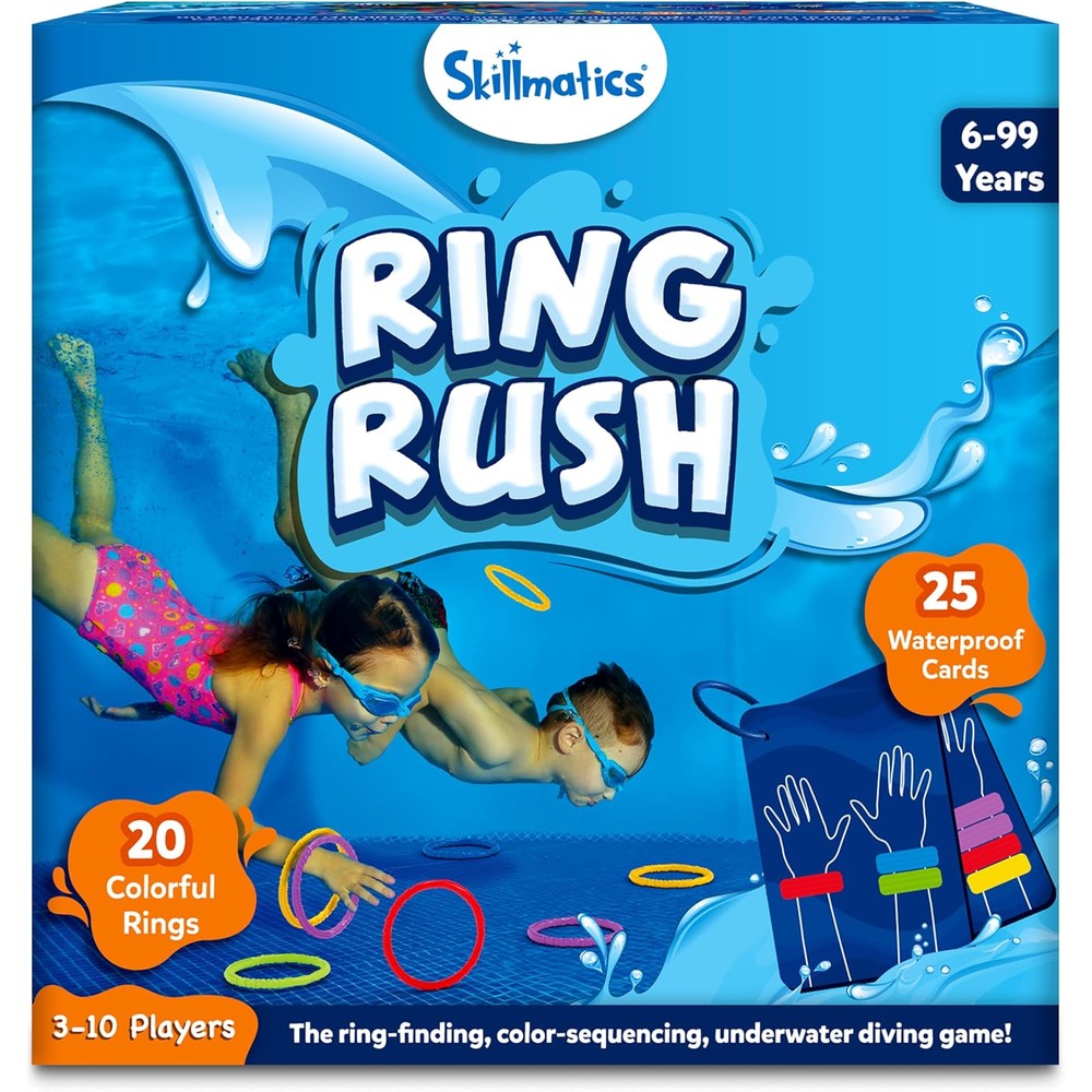 Skillmatics Ring Rush Diving Toys packaging front view highlighting the underwater search and find pool game setup.