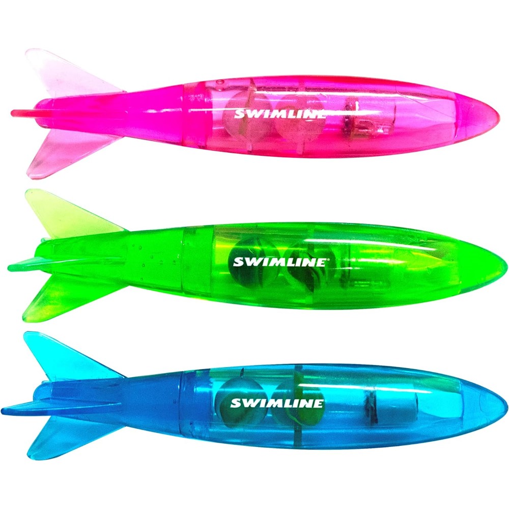 Swimline Original Three Pack Diving Toys front view showing neon pink green and blue torpedoes.