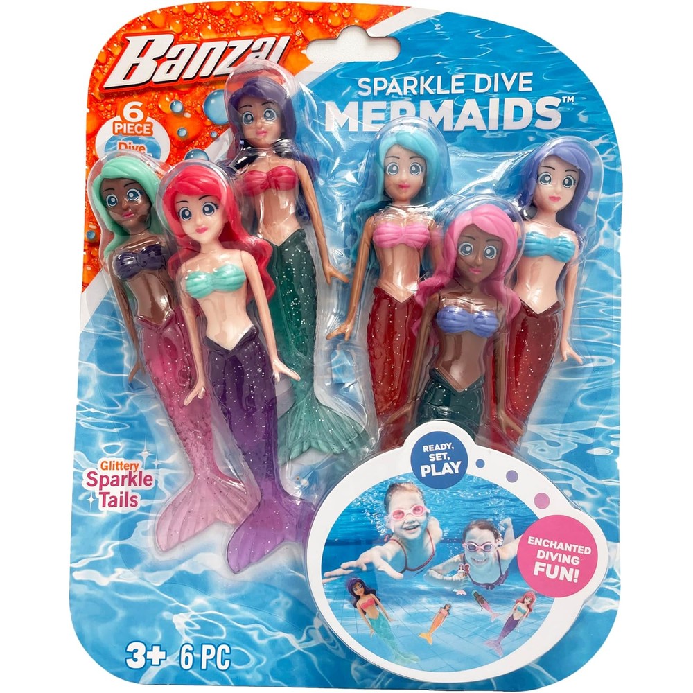 BANZAI 6 piece sparkle mermaid dive toys set showcasing six colorful sinking pool dolls with glittery tails