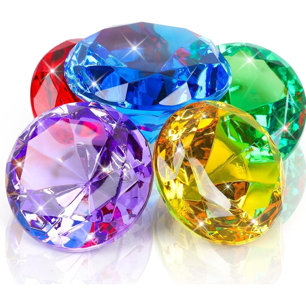 MARFOREVER extra large diving gem pool toys front view showing five colorful 60mm acrylic diamonds.