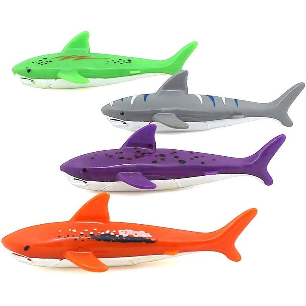 ZHFUYS diving pool toy torpedo shark four pack front view showing vibrant colors.