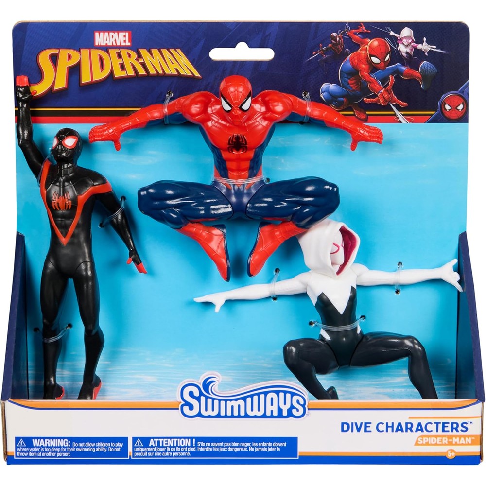 SwimWays Marvel Spider-Man Dive Character 3-Pack front view displaying Spidey, Spin, and Ghost figures.