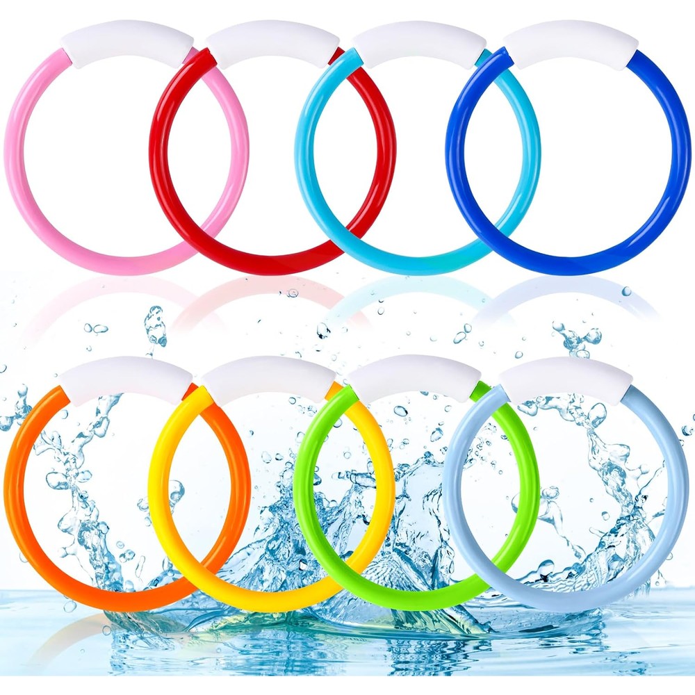 Vellibring 8 Piece Pool Diving Swim Toys front view showing eight colorful sinking dive rings for underwater training.