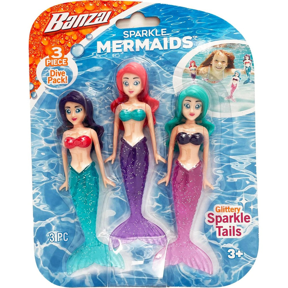 BANZAI 3 Piece Sparkle Mermaid Dive Toys packaging front view showing three colorful sinking dolls