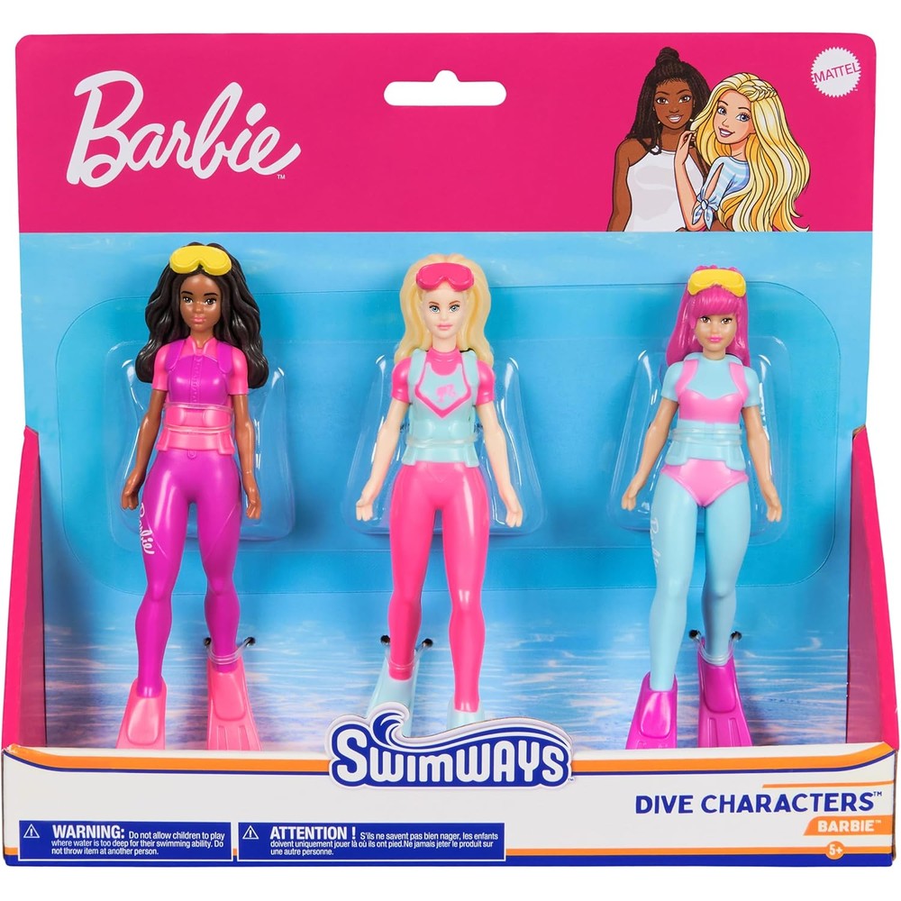 SwimWays Barbie Dive Characters 3-Pack front view in packaging showing three unique sinking pool dolls.