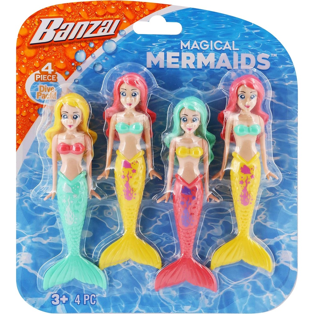 Banzai Dive Mermaids four piece pool toy set front view showing vibrant colors.