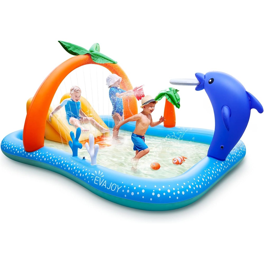 Evajoy Inflatable Kiddie Pool Play Center front view showcasing the blue slide and dolphin games.