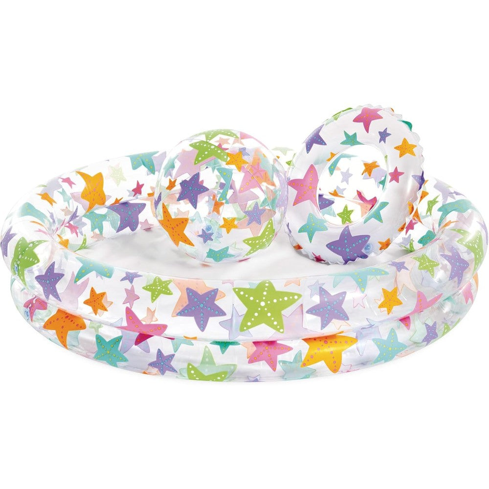 Intex Just So Fruity Pool Set front view showing inflated colorful kiddie pool with beach ball and swim ring