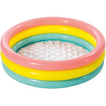 Intex Sunset Glow Inflatable Baby Pool front view showing colorful rings filled with water.