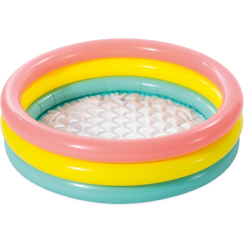 Intex Sunset Glow Inflatable Baby Pool front view showing colorful rings filled with water.