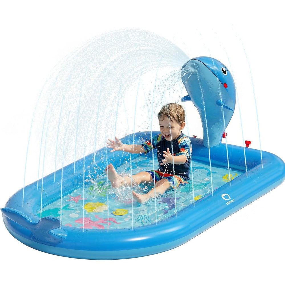 QPAU Blue Whale Inflatable Splash Pad front view showing toddler water play mat.
