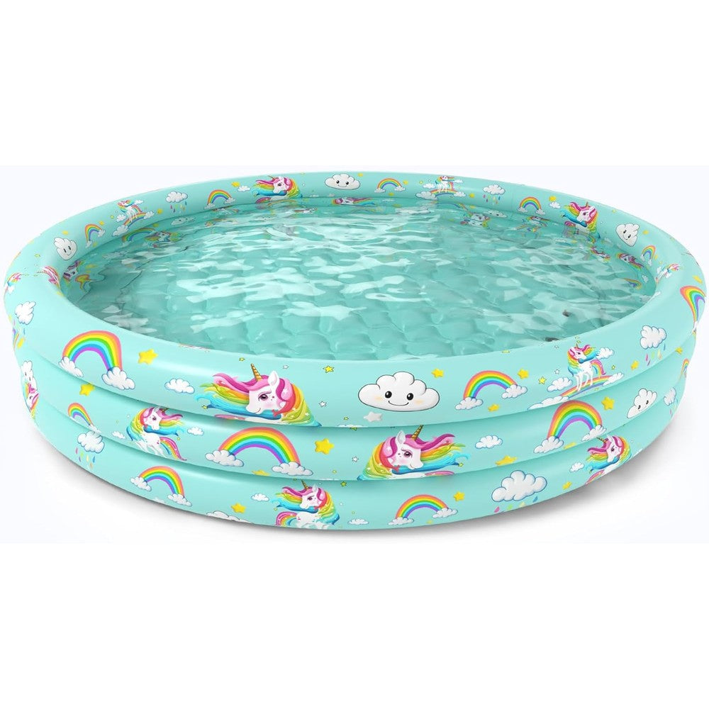Jasonwell Inflatable Baby Kiddie Pool front view featuring colorful unicorn and rainbow design rings with water inside.