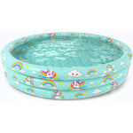 Jasonwell Inflatable Baby Kiddie Pool front view featuring colorful unicorn and rainbow design rings with water inside.